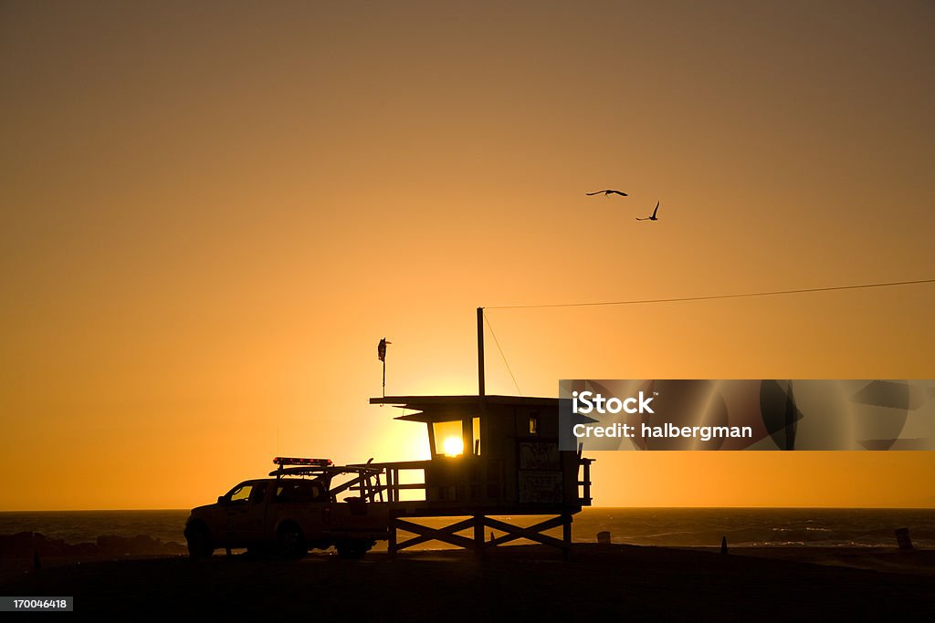 Torre de salvamento & retirada no pôr-do-sol, com pássaros - Foto de stock de Salva-vidas - Serviço de emergência e resgate royalty-free