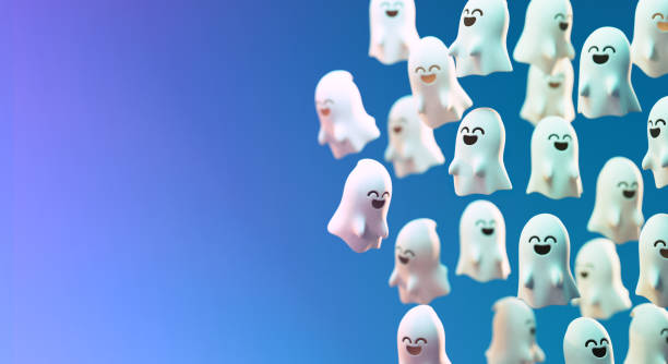 Happy Halloween flyer background template with floating ghosts and copy space in 3D illustration