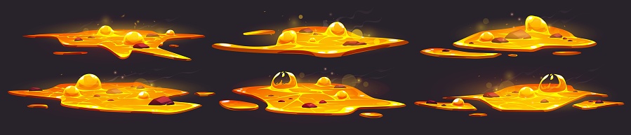 2d magic liquid volcano lava puddle cartoon vector set. Isolated orange magma flame motion for hell in mobile game environment. Molten metal foundry burst explosion texture. Ui png texture clipart