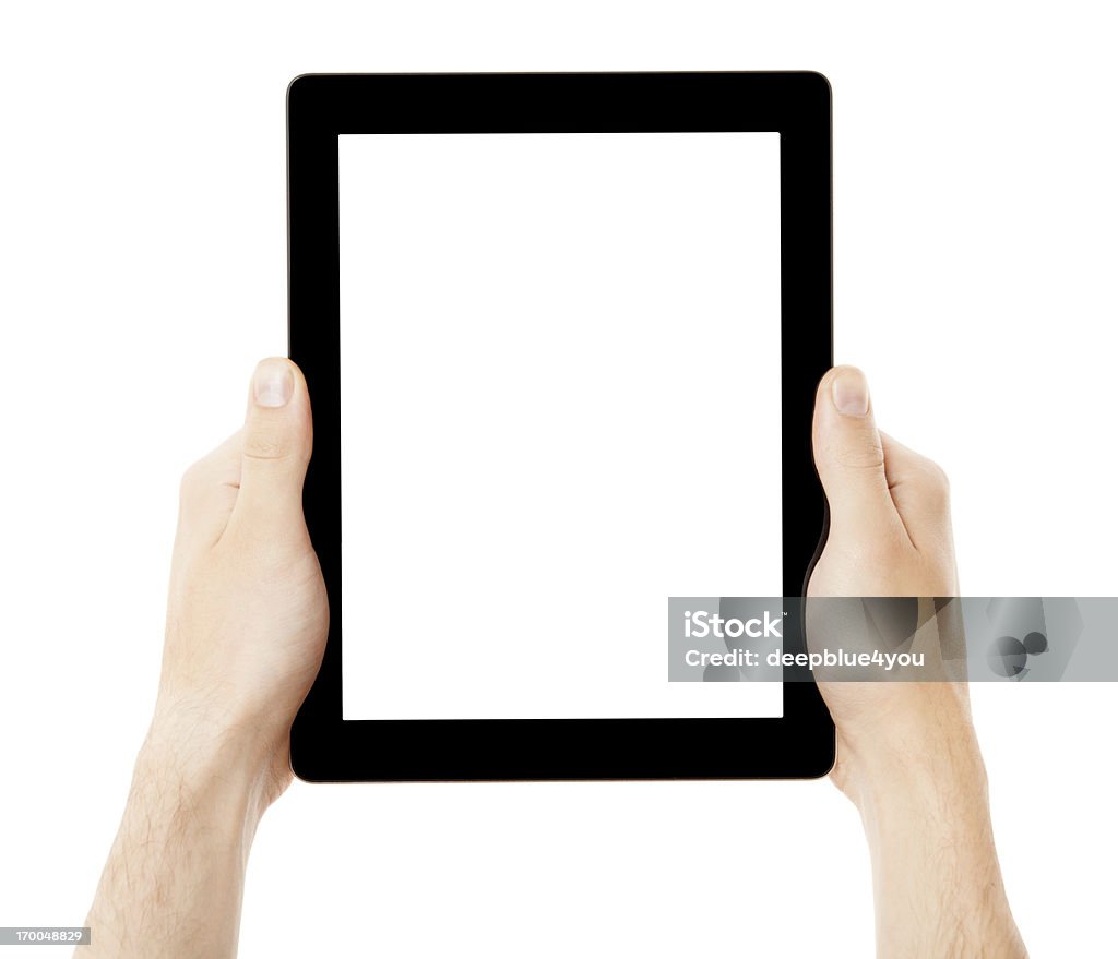 Mano agarrando negro tablett pc con pantalla blanca aislado - Foto de stock de Tableta digital libre de derechos