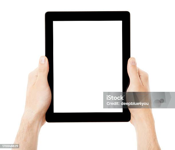Mano Agarrando Negro Tablett Pc Con Pantalla Blanca Aislado Foto de stock y más banco de imágenes de Tableta digital