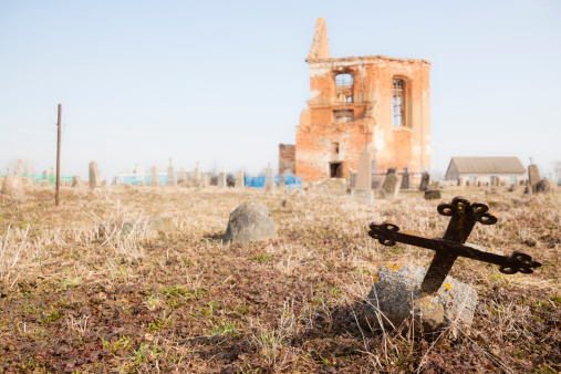 Old cemetery with a destroyed catholic church. Novie Novoselki town, Belarus, Europe