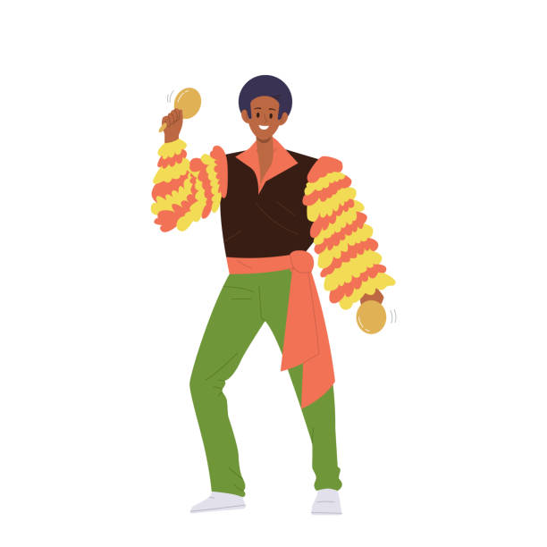 illustrazioni stock, clip art, cartoni animati e icone di tendenza di ballerino di samba del personaggio del fumetto del giovane che indossa il costume tradizionale del brasile giocando maracas - samba dancing dancer salsa dancing carnival