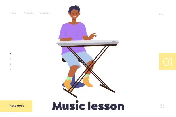 Vector illustration of Music lesson landing page design template with happy satisfied teenager boy playing synthesizer