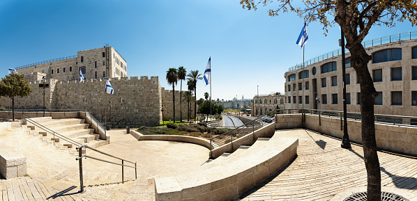 Background with panoramic view of Jerusalem near the fortress wall of the old city