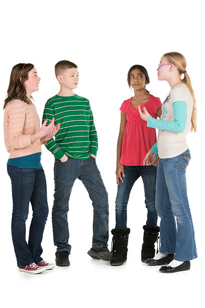 Group of happy diverse pre-teens on white background