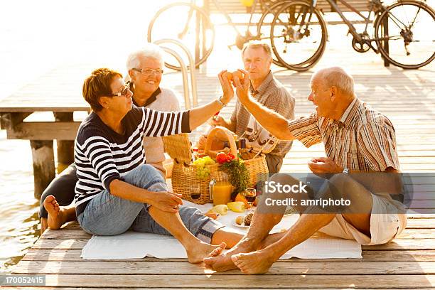 Muito Feliz Retirees Desfrutar De Piquenique - Fotografias de stock e mais imagens de Piquenique - Piquenique, Pontão, Comida