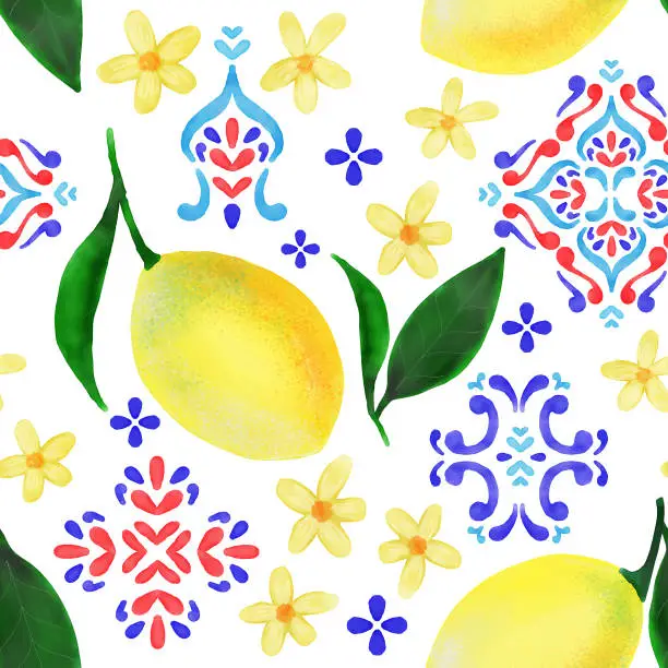 Vector illustration of Watercolor Hand Painted Lemons and Damask  Mediterranean Tiles Seamless Pattern. Spring, Summer Concept Background. Design Element for Bridal Shower and Wedding Invitation and Greeting Cards.