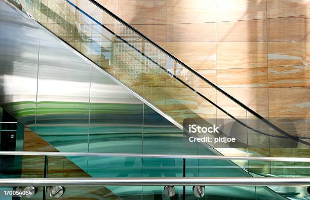 Escalator In Office Building Stock Photo - Download Image Now - Tempered Glass, Abstract, Glass - Material