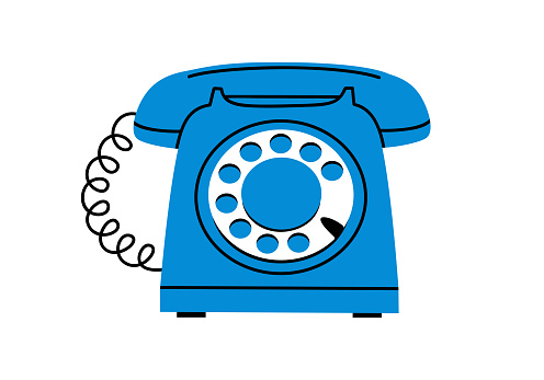 Hand drawn cute cartoon illustration of blue retro wired phone. Flat vector old telephone with dial sticker in simple colored doodle style. Call device icon or print. Isolated on white background.