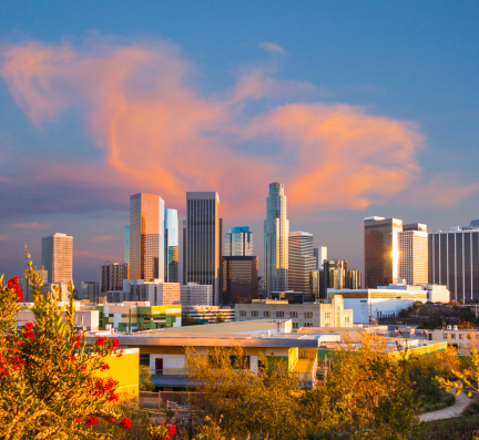 Dusk light with dramatic clouds in downtown Los Angeles,California