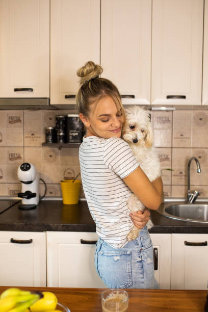 istock A girl playing with her dog in the kitchen 1700557563