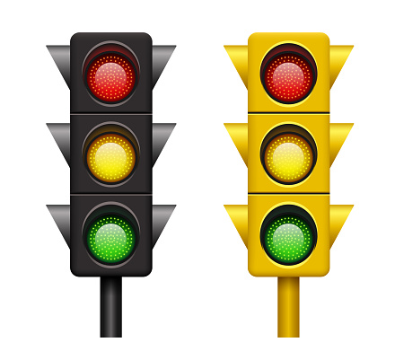 Traffic light. Realistic 3D traffic light. Black and yellow traffic lights. Vector clipart.