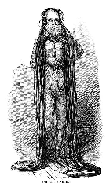 Indian fakir - Victorian wood engraving An Indian fakir (or fagir), a holy man or beggar. His hair has never been cut and reaches to the ground. From “Rip Van Winkle’s Travels in Africa & Asia”, published by Thomas Y. Crowell & Co., New York, 1882.  long beard stock illustrations
