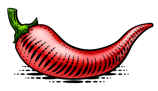 Chili, chile or chilli pepper vegetable illustration in a vintage retro woodcut etching style.