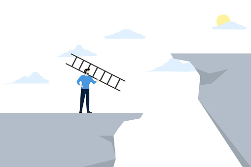 Concept of overcoming business obstacles, businessman lifting ladder on his shoulders to climb high cliffs, challenges to solve business problems and see opportunities. flat vector illustration.
