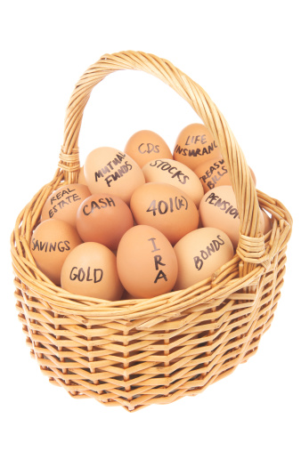 All of your financial eggs stacked in one basket on white background 