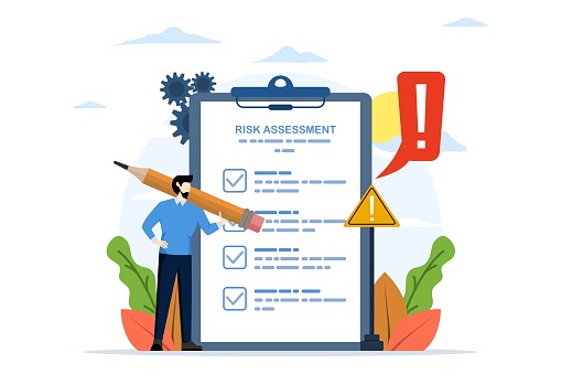 Risk assessment concept. analyzing the level of potential losses, measuring acceptable monetary losses for investments, controlling or limiting losses. flat vector illustration. in the background.