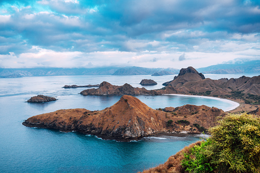 Aerial view of the island 'Pulau Padar' at the famous Komodo National Park in Indonesia. Komodo is world wide famous for the beautiful underwater life.
