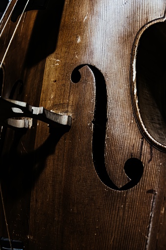 Vertical Close-up of vintage and well-worn cello or bass fiddle acoustic instrument with dramatic lighting