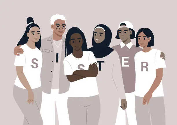 Vector illustration of A diverse group of women stands united, offering mutual support and warm embraces, with the word Sister displayed on their shirts, each letter standing on its own