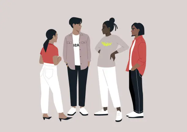 Vector illustration of In an urban atmosphere, four young hipsters encountered each other on the street, engaging in conversation