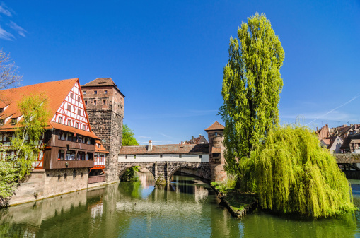 Front view onto the half-timbered Weinstadl (engl: Wine store) and the Hangman's Bridge (Henkersteg) in Nuremberg on a beautiful spring day.