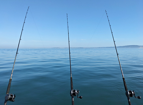 Three fishing rods lined up on the boat in the middle of calm sea overlooking towards Isle of Wight, Hampshire, UK. Sea bass and mackerel fishing from the boat. Blue sky on a hot summer day.