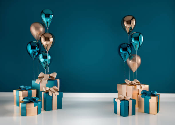 istock 3D interior render with blue and golden balloons, gift boxes. Dark glossy composition with empty space for birthday, party or product promotion social media banners, text. Poster size illustration. 1700665035