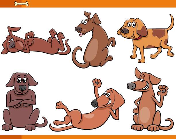 cartoon hunde und welpen comic tierfiguren set - animal sitting brown dog stock-grafiken, -clipart, -cartoons und -symbole