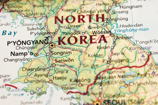 A macro photograph of North Korea map