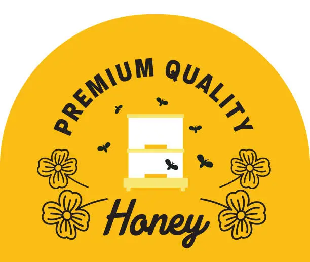 Vector illustration of Honey Bee Badge Style Label in Black and Yellow