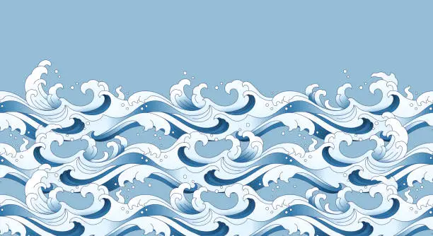 Vector illustration of orient blue wave seamless pattern isolated on light blue