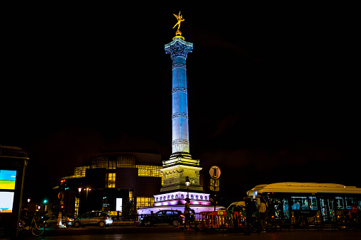Place de la Bastille at night in Paris, France
