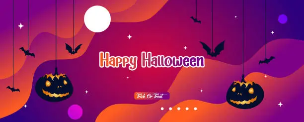 Vector illustration of Happy Halloween sale banner or party invitation on orange and purple abstract background with pumpkins, flying bats, moon elements design and more.