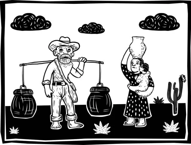 Vector illustration of Man and woman fetching water.