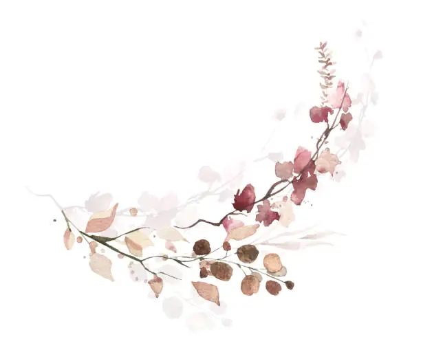 Vector illustration of Watercolor floral frame on white. Pink, beige, brown autumn wild flowers, eucalyptus branches, leaves and twigs