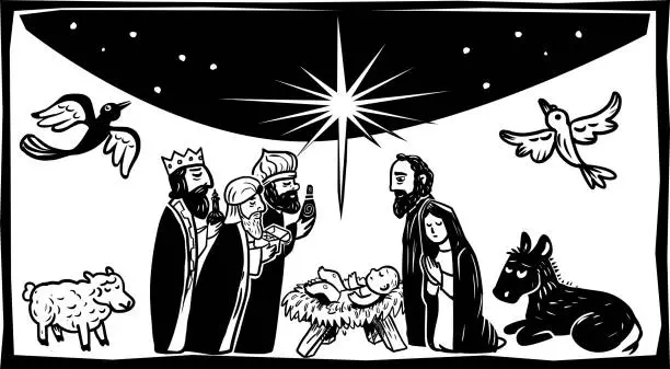 Vector illustration of Christmas nativity scene. three wise men and the holy family.