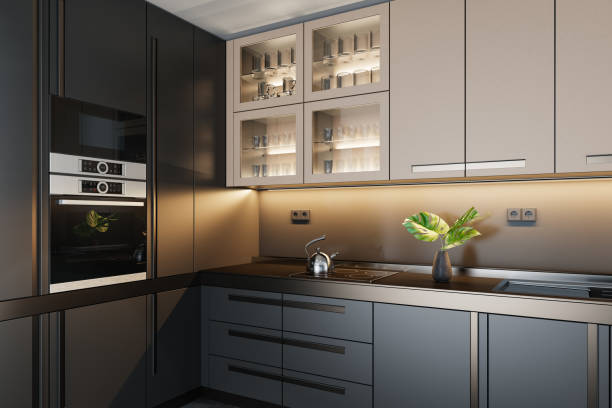 istock Luxury Black Modern minimalist kitchen on two walls. Dark materials. 1700741976