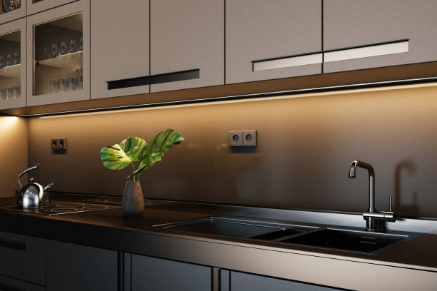 istock Luxury Black Modern minimalist kitchen on two walls. Dark materials. 1700742052