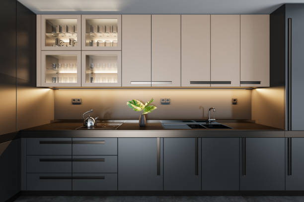 istock Luxury Black Modern minimalist kitchen on two walls. Dark materials. 1700743566