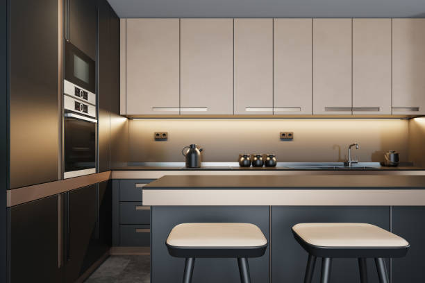 istock Luxury Black Modern minimalist kitchen on two walls. Dark materials. 1700744114