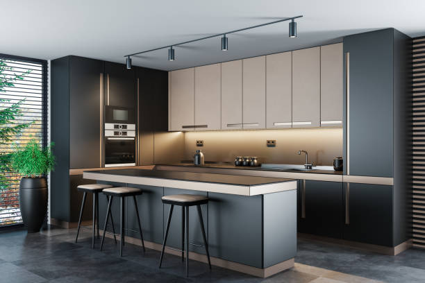 istock Luxury Black Modern minimalist kitchen on two walls. Dark materials. 1700744120