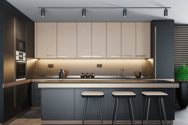 istock Luxury Black Modern minimalist kitchen on two walls. Dark materials. 1700744121
