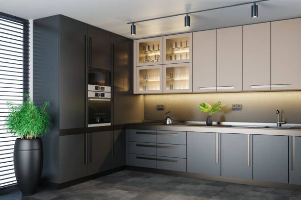 istock Luxury Black Modern minimalist kitchen on two walls. Dark materials. 1700744665