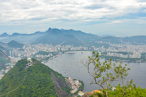 High angle view looking over sea and city skyline. Brazil.