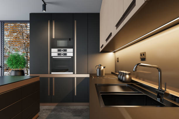 istock Luxury Black Modern minimalist kitchen on two walls. Dark materials. 1700745186