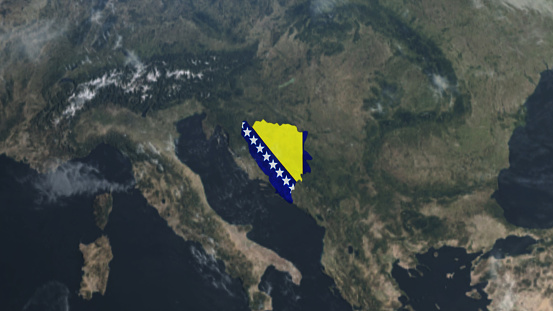 Credit: https://www.nasa.gov/topics/earth/images\n\nAn illustrative stock image showcasing the distinctive flag of Bosnia and Herzegovina beautifully draped across a detailed map of the country, symbolizing the rich history and cultural pride of this renowned European nation.