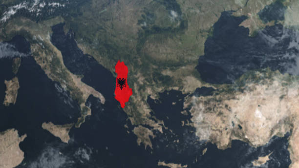 карта албании, украшенная флагом - satellite view topography aerial view mid air стоковые фото и изображения