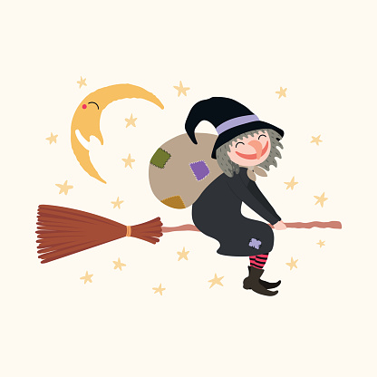 Hand drawn vector illustration of a witch with sack flying on broomstick. Isolated objects on white background. Flat style design. Italy Christmas tradition. Concept, element for Epiphany card, banner